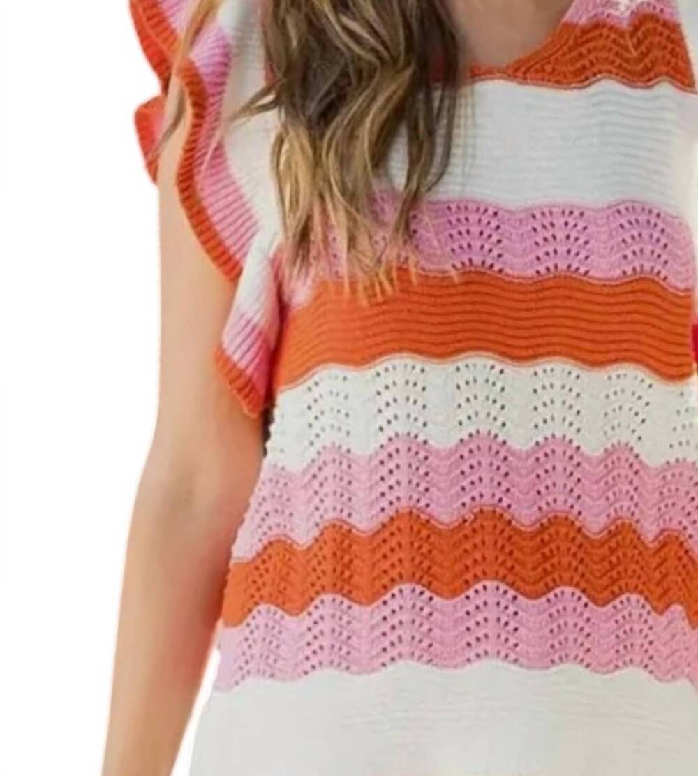NEW THML rib knit flutter sleeve top in pink/orange/white - Picture 3 of 3